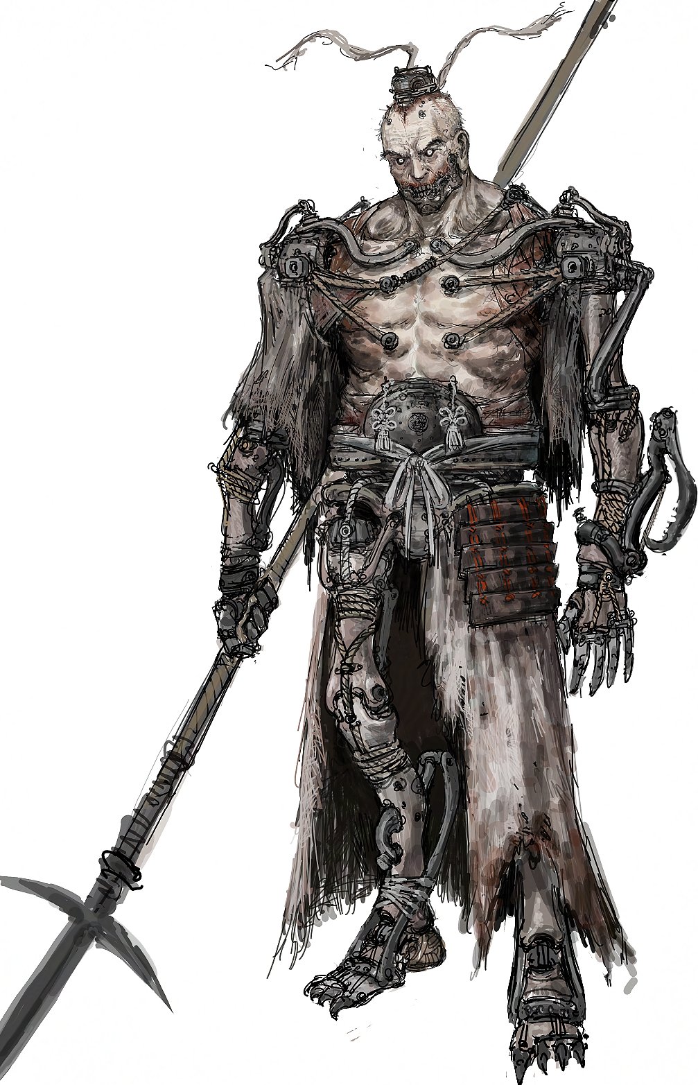 1boy, amputee, armor, black_sclera, bolt_(hardware), colored_sclera, cyborg, fake_claws