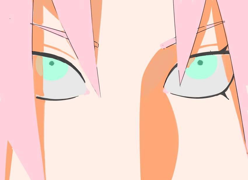1girl, close-up, eyelashes, furrowed_brow, green_eyes, green_pupils, hair_over_one_eye, haruno_sakura