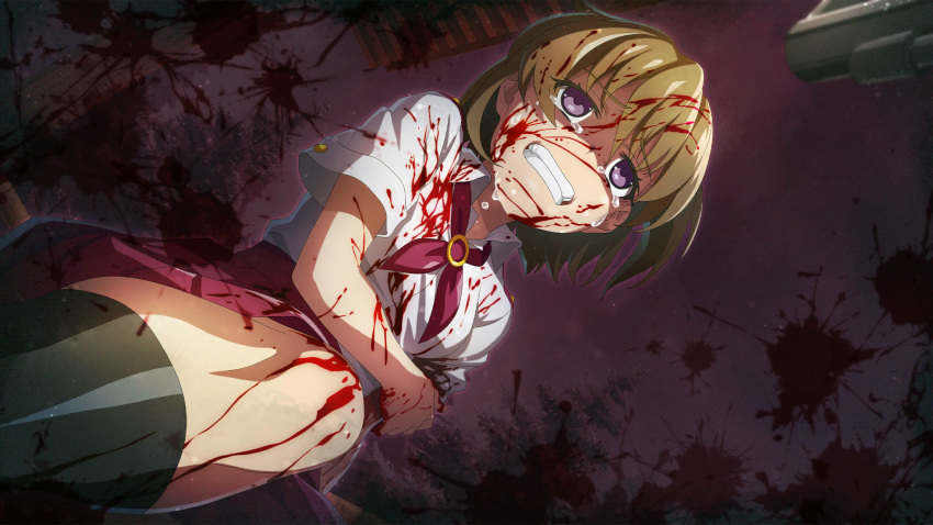1girl, akasaka_miyuki, angst, black_socks, blood, blood_on_arm, blood_on_clothes, blood_on_face, blood_on_leg, blood_splatter, blurry, brown_hair, clenched_teeth, collared_shirt, crying, depth_of_field, dutch_angle, feet_out_of_frame, game_cg, gun, hand_on_own_arm, highres, higurashi_no_naku_koro_ni, higurashi_no_naku_koro_ni_mei, kneehighs, miniskirt, neckerchief, non-web_source, official_art, one_side_up, outdoors, pleated_skirt, red_neckerchief, red_skirt, red_sky, scared, sch, shaded_face, shirt, short_hair, short_sleeves, skirt, sky, socks, summer_uniform, tears, teeth, violet_eyes, weapon, wet_lens, white_shirt