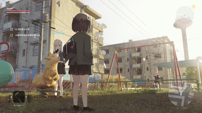 !, 1boy, 2girls, bag_charm, black_hair, blazer, blonde_hair, blue_eyes