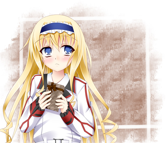 blue_eyes, blush, cecilia_alcott, curly_hair, drill_hair, gift, hairband, holding