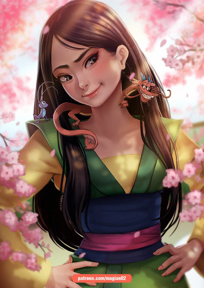 1girl, 2boys, black_hair, brown_eyes, cherry_blossoms, chinese_clothes, cri-kee, dress, fa_mulan_(disney), hanfu, lips, lipstick, long_hair, looking_at_viewer, magion02, makeup, mulan, multiple_boys, mushu_(disney), short_hair, smile, solo