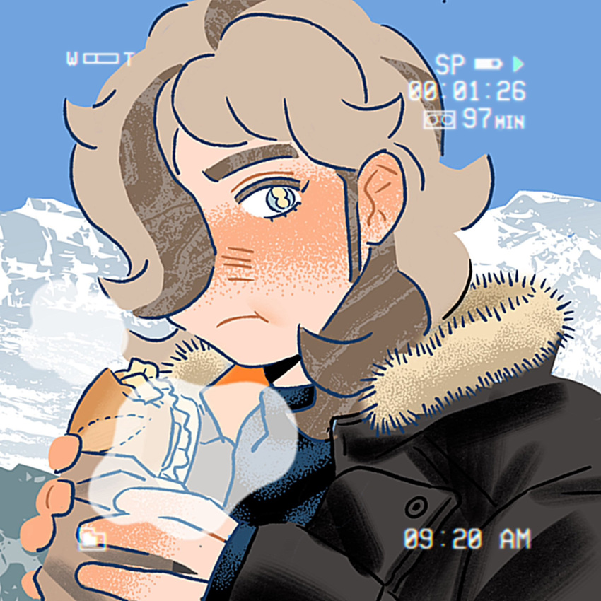 1boy, :t, alternate_costume, arven_(pokemon), battery_indicator, brown_hair, closed_mouth, commentary