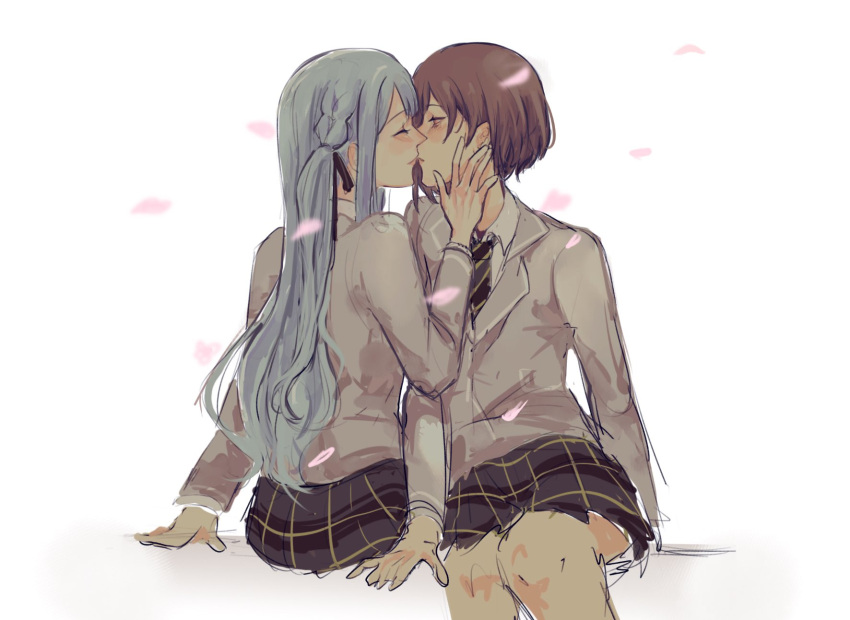 2girls, bang_dream!, bang_dream!_it's_mygo!!!!!, black_necktie, black_skirt, blue_hair, brown_hair, closed_eyes, collared_shirt, commentary, english_commentary, falling_petals, grey_jacket, hand_on_another's_face, haneoka_school_uniform, highres, imminent_kiss, jacket, long_hair, long_sleeves, multiple_girls, necktie, parted_lips, petals, pink_eyes, plaid_clothes, plaid_skirt, pleated_skirt, raychelltwt, school_uniform, shirt, short_hair, simple_background, sitting, skirt, takamatsu_tomori, togawa_sakiko, two_side_up, white_background, white_shirt, yuri