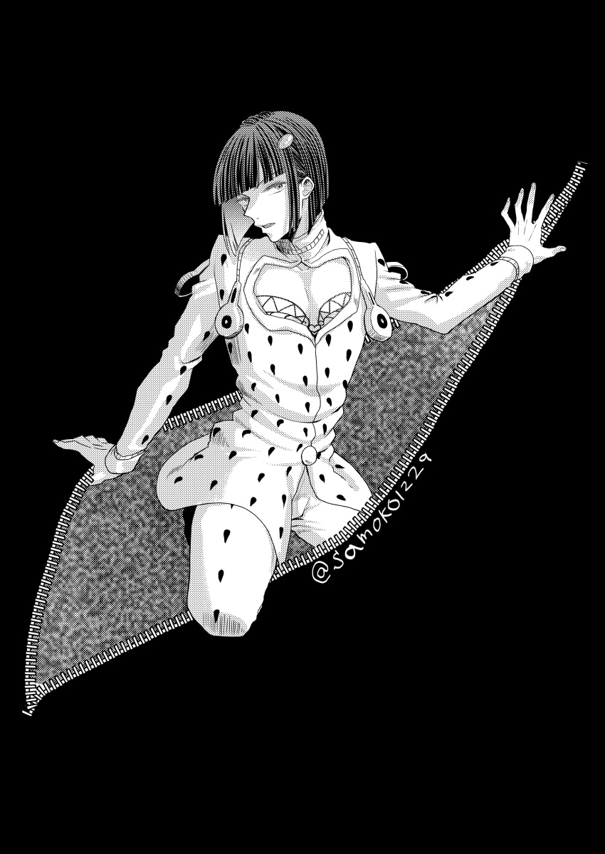 1boy, absurdres, blunt_bangs, bob_cut, bruno_bucciarati, cleavage_cutout, clothing_cutout, commentary_request