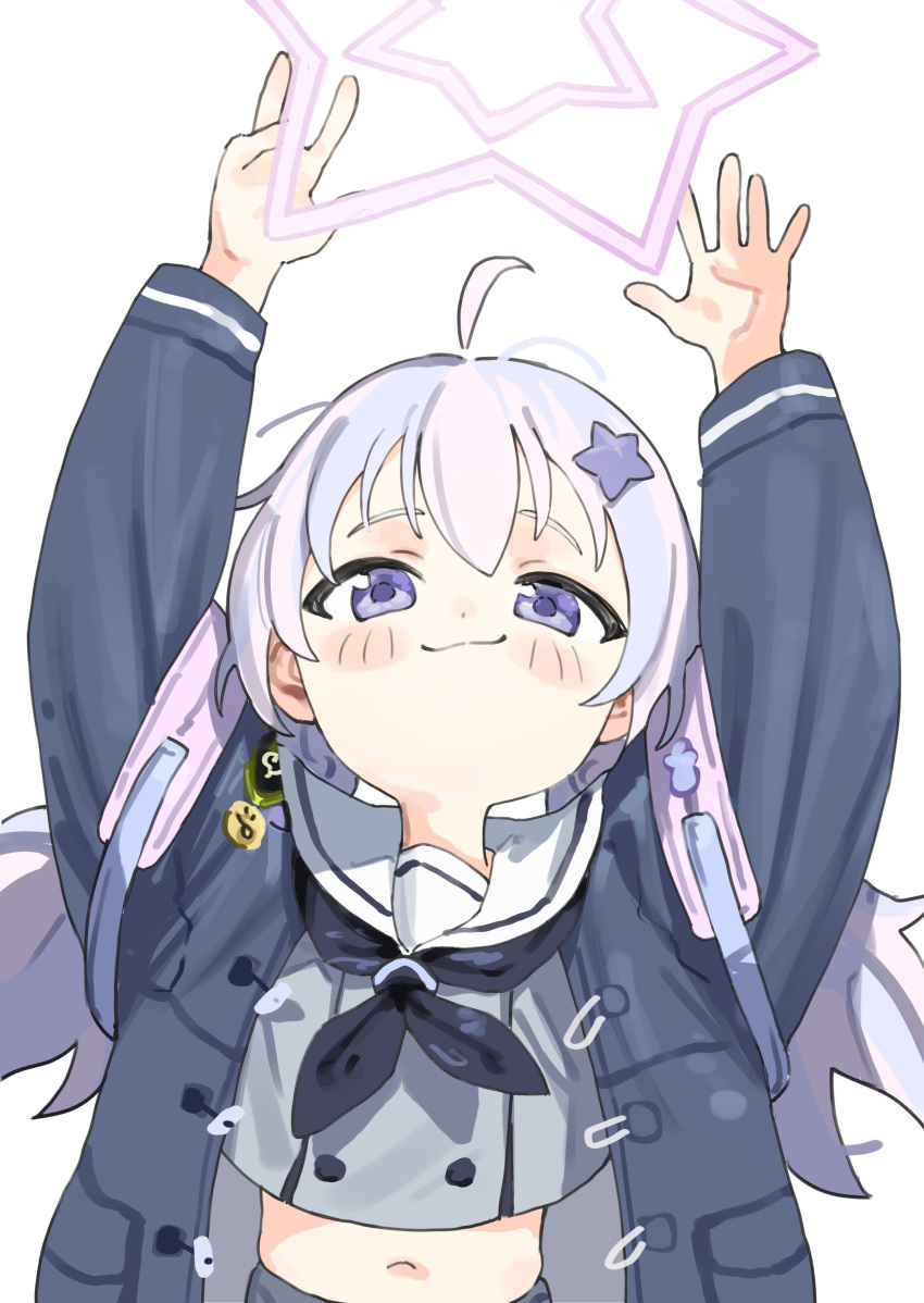 1girl, absurdres, ahoge, arms_up, backpack, bag, black_neckerchief, blue_archive