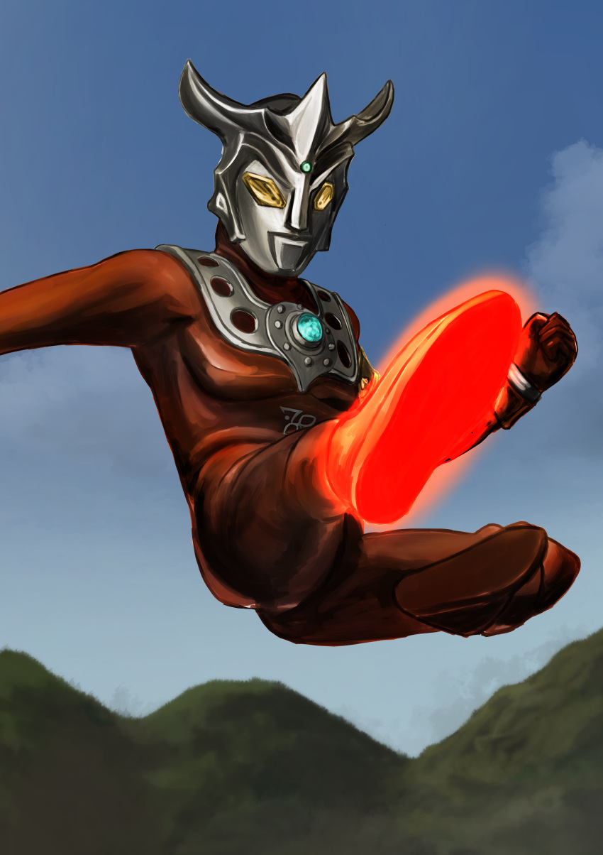 1boy, absurdres, alien, arm_out_of_frame, armlet, armor, blue_sky, bracelet