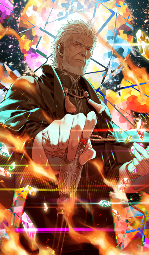 1boy, beard, black_cloak, black_jacket, broken, cane, cloak, closed_mouth
