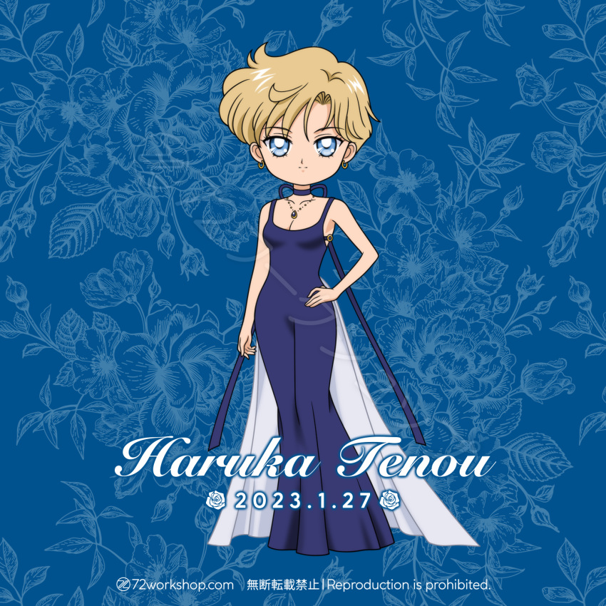 1girl, 72workshop, bishoujo_senshi_sailor_moon, blonde_hair, blue_background, blue_dress, blue_eyes, chibi