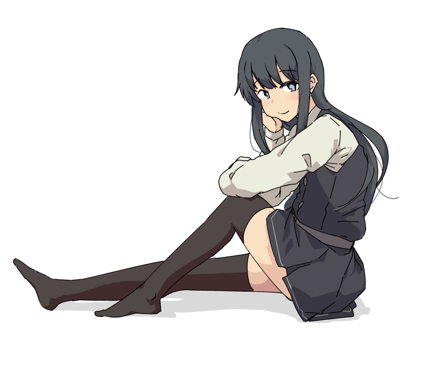 1girl, absurdres, asashio_(kancolle), asashio_kai_ni_(kancolle), belt, black_hair, black_thighhighs, blue_eyes, blush, dress, head_rest, highres, kantai_collection, long_hair, long_sleeves, looking_at_viewer, neck_ribbon, no_shoes, pinafore_dress, red_ribbon, ribbon, rockborder, shirt, simple_background, sitting, sleeveless, sleeveless_dress, smile, solo, thigh-highs, white_background, white_shirt