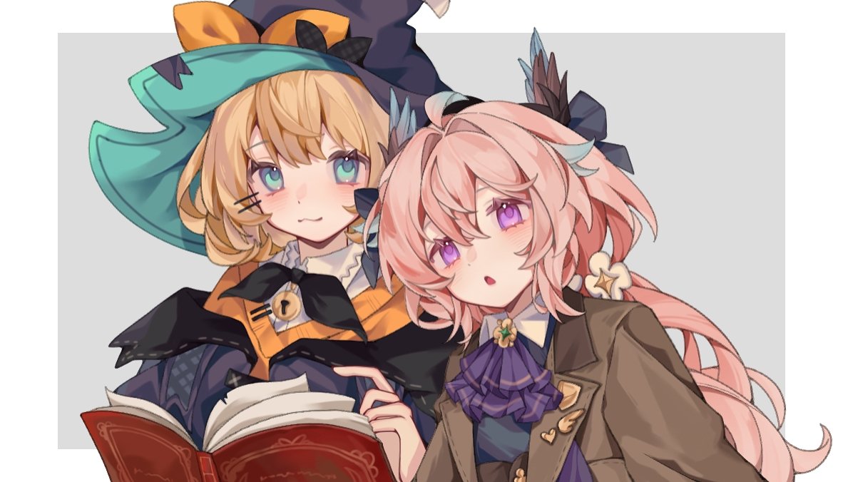 2girls, :3, ahoge, aqua_eyes, ascot, bell, blonde_hair, blush