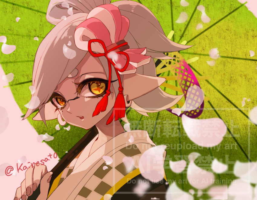 1girl, artist_name, bow-shaped_hair, cherry_blossoms, commentary_request, eyelashes, falling_petals, grey_hair