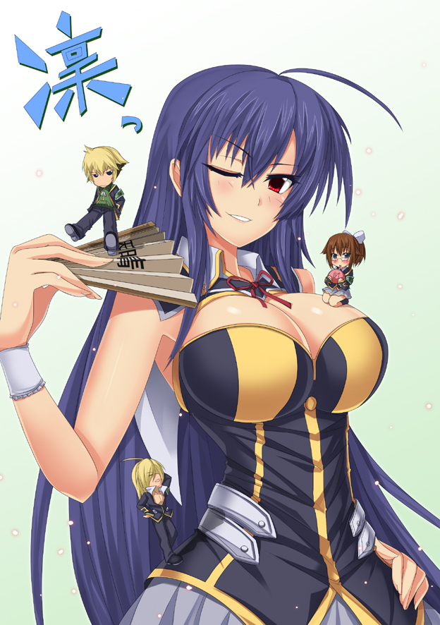 2girls, ahoge, akune_kouki, antenna_hair, blue_hair, blush, breasts, character_request
