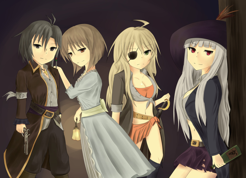 4girls, ahoge, alternate_costume, alua, black_eyes, black_hair, blonde_hair, bottle
