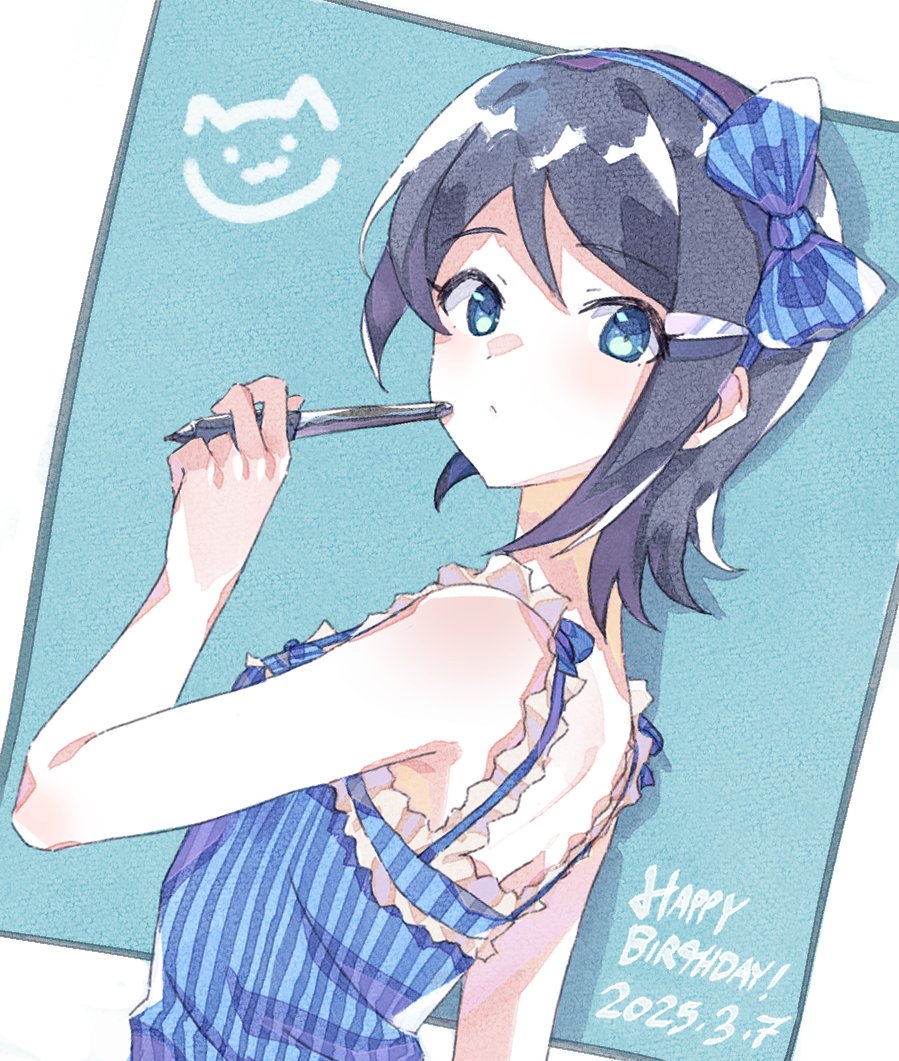 1girl, arm_at_side, asymmetrical_hair, back, bare_arms, bare_shoulders, birthday, blue_bow