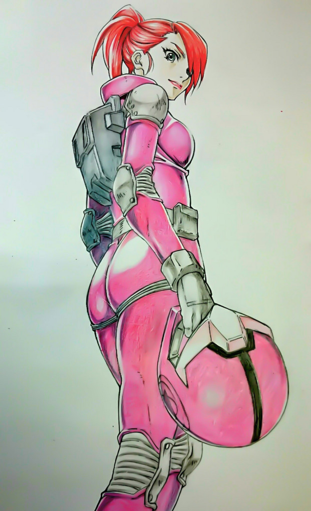1girl, bianca_carlyle, breasts, closed_mouth, earth_federation, flight_suit, gundam, gundam_thunderbolt, helmet, holding, holding_helmet, lipstick, looking_at_viewer, makeup, matsukawa_tetsuya, mecha_pilot_suit, red_hair, science_fiction, short_hair, simple_background, solo, white_background, yellow_eyes