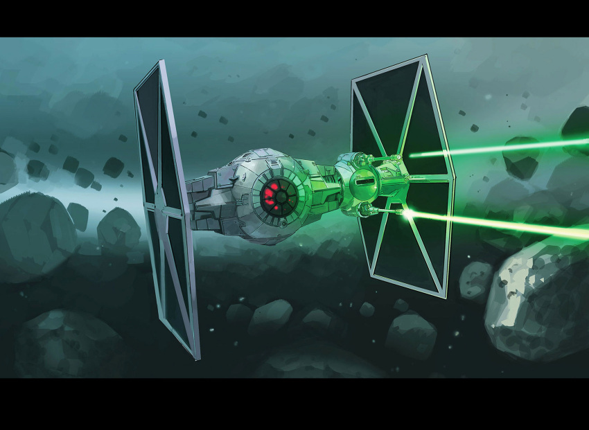 amad_mir, asteroid, highres, laser, letterboxed, no_humans, solo, spacecraft, star_wars, star_wars:_unlimited, tie_fighter