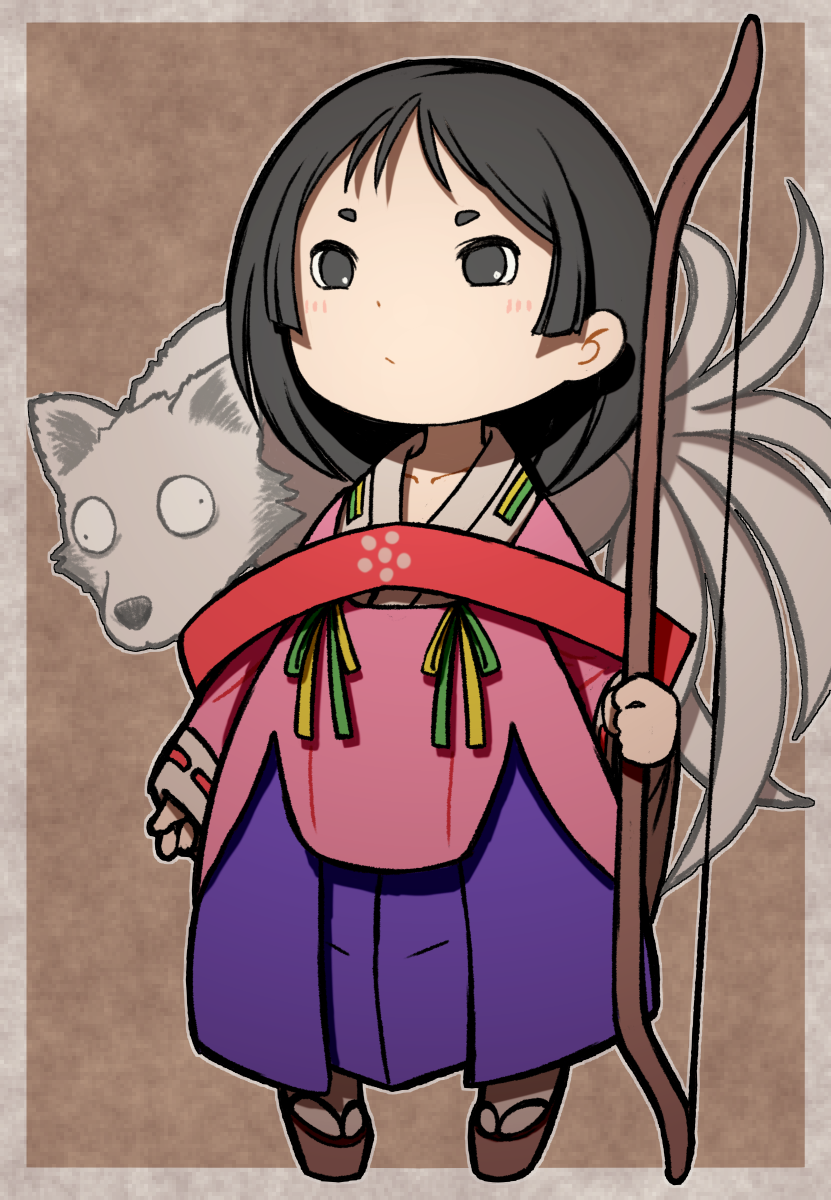 1girl, beeru_(veil8801), black_eyes, black_hair, bow_(weapon), closed_mouth, fox, guwange