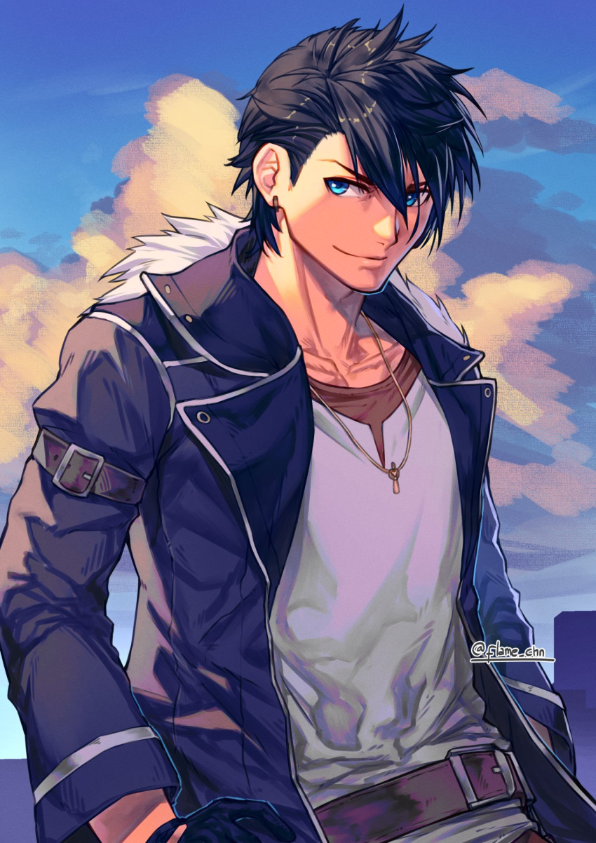 1boy, black_gloves, black_hair, blue_eyes, blue_sky, clouds, coat, commission