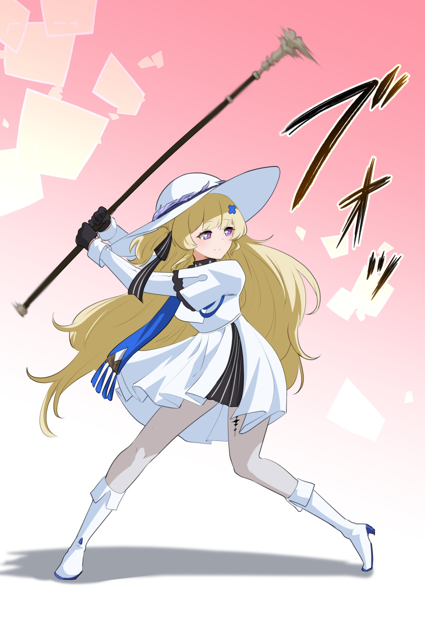 1girl, absurdres, black_bow, black_gloves, blonde_hair, blue_sash, boots, bow