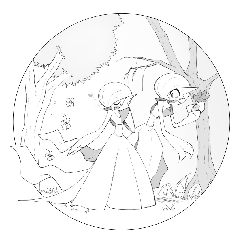 1boy, 1girl, absurdres, bob_cut, closed_eyes, dress, flower, gardevoir
