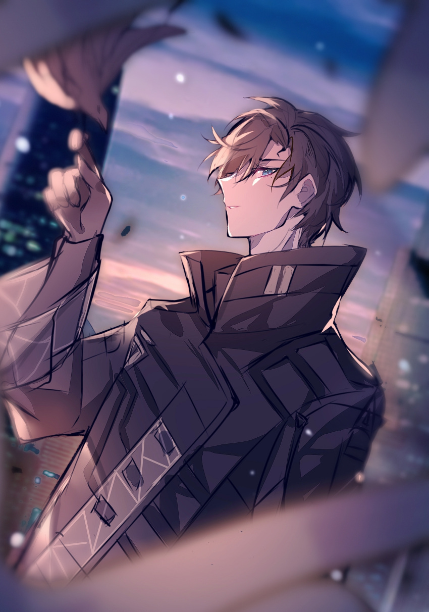 1boy, absurdres, bird, black_gloves, black_hair, black_jacket, blue_eyes, blurry