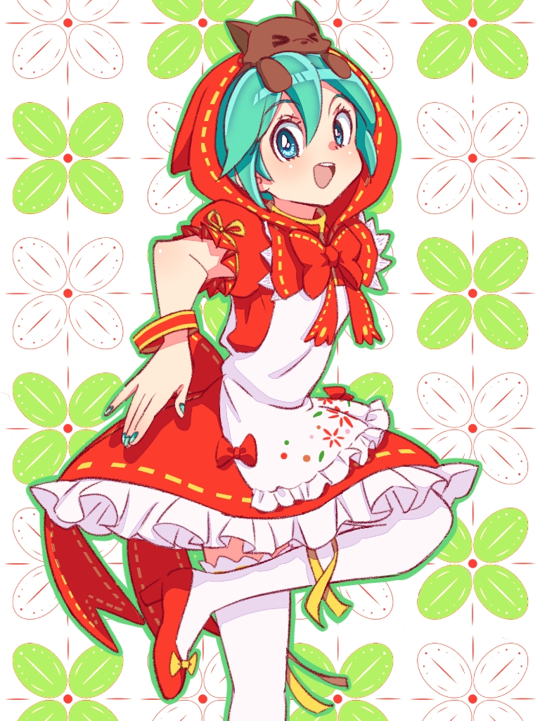 1girl, apron, aqua_eyes, aqua_hair, back_bow, bow, bracelet, clover_club_(vocaloid), commentary_request, dress, frilled_dress, frills, hatsune_miku, hatsune_miku_(mikuzukin), high_heels, hood, hood_up, jewelry, looking_at_viewer, nail_polish, open_mouth, short_sleeves, smile, solo, standing, standing_on_one_leg, stuffed_toy, stuffed_wolf, thigh-highs, user_nddw3738, vocaloid