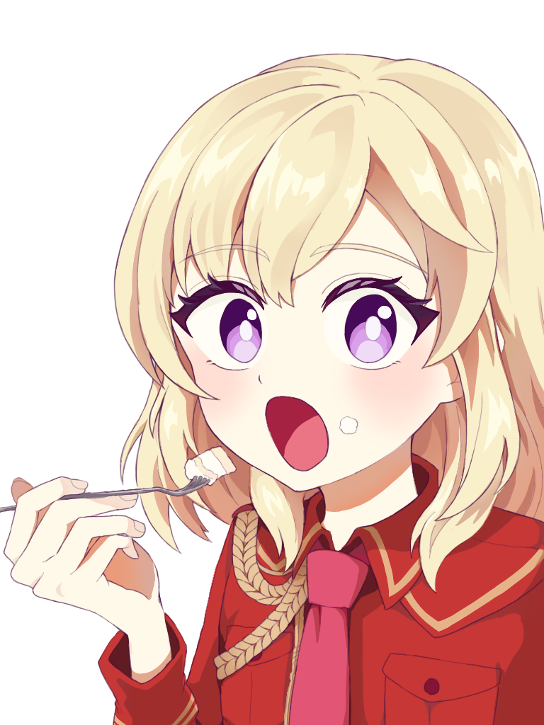 1girl, aiguillette, blonde_hair, cake, commentary_request, eating, food, food_on_face