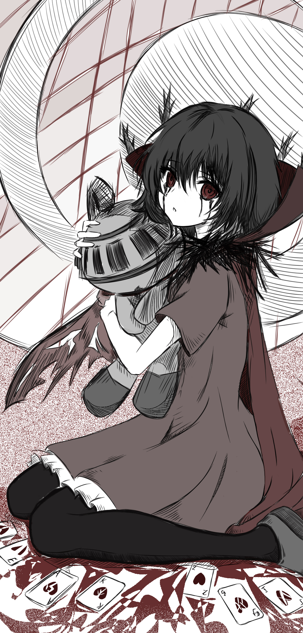 1boy, 1girl, black_hair, black_souls, black_souls_2, cape, card, character_doll