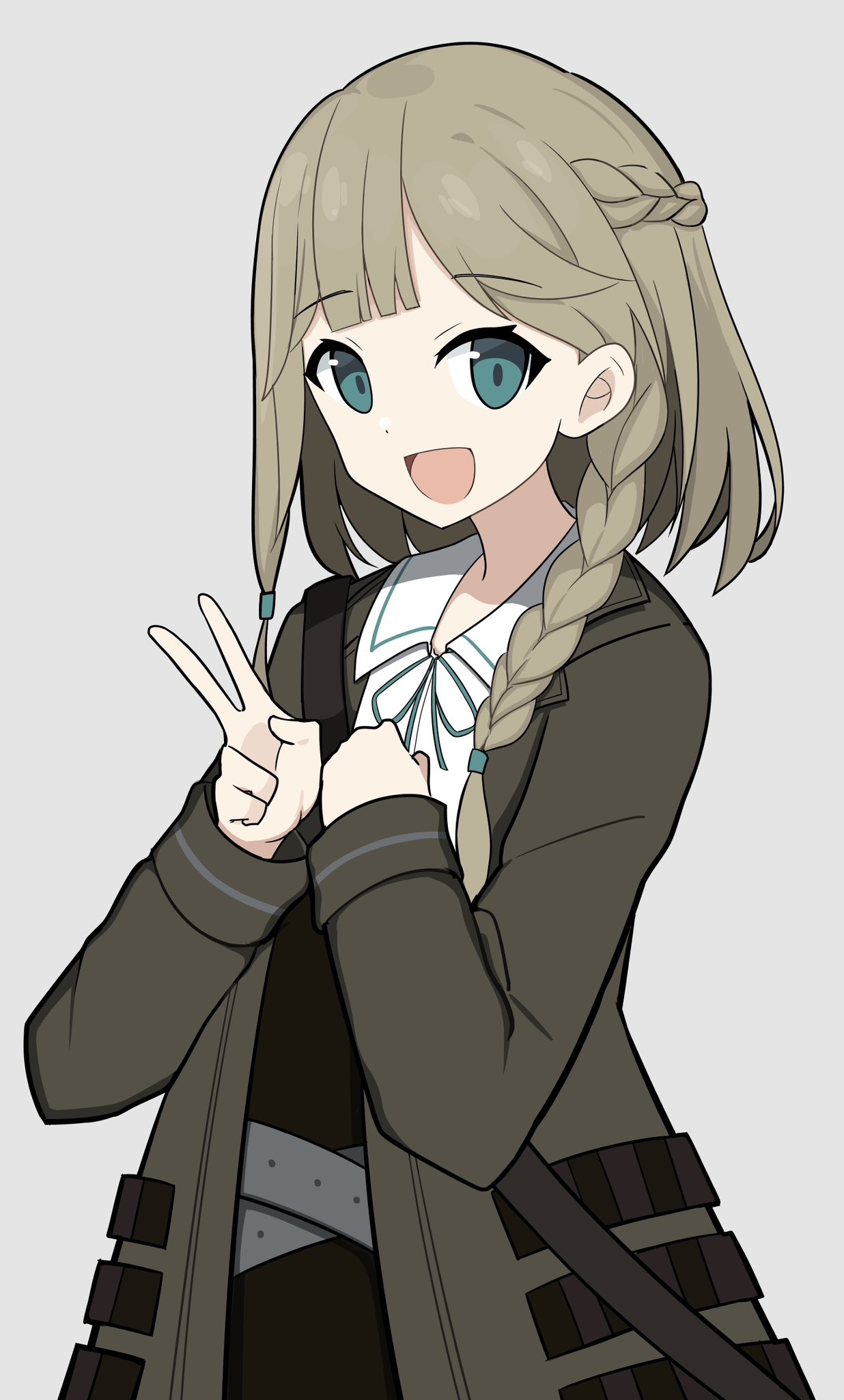 1girl, anita_(sentinel_girls), braid, breasts, clenched_hand, commentary_request, green_eyes, hair_between_eyes