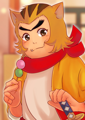 1boy, bakemono_no_ko, brown_hair, chewing, commentary_request, dango, fang, fang_out, food, furry, furry_male, holding, holding_food, holding_toy, jiroumaru_(bakemono_no_ko), looking_at_viewer, lowres, male_focus, neckerchief, red_neckerchief, scarf, skewer, smile, toy, toy_sword, tureture, unibrow, wagashi, yellow_happi