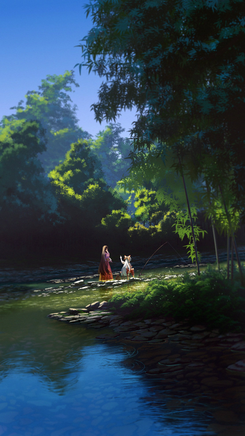 2girls, absurdres, arm_up, banjie, brown_hair, chinese_commentary, commentary, day, fishing_rod, forest, fujiwara_no_mokou, grass, highres, houraisan_kaguya, lake, long_hair, long_sleeves, middle_finger, multiple_girls, nature, outdoors, pants, pink_shirt, red_pants, red_skirt, scenery, shirt, sitting, skirt, touhou, tree, water, white_hair