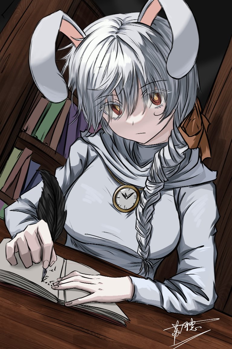 1girl, animal_ears, black_souls, black_souls_2, bookshelf, bow, braid, braided_ponytail