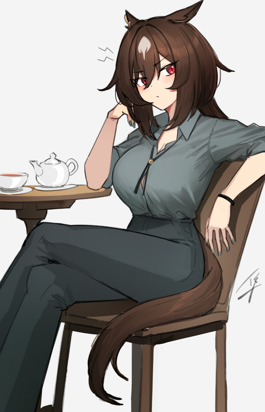 1girl, animal_ears, breasts, brown_hair, cup, ear_ornament, hair_between_eyes, hayabusa_(vert_320)