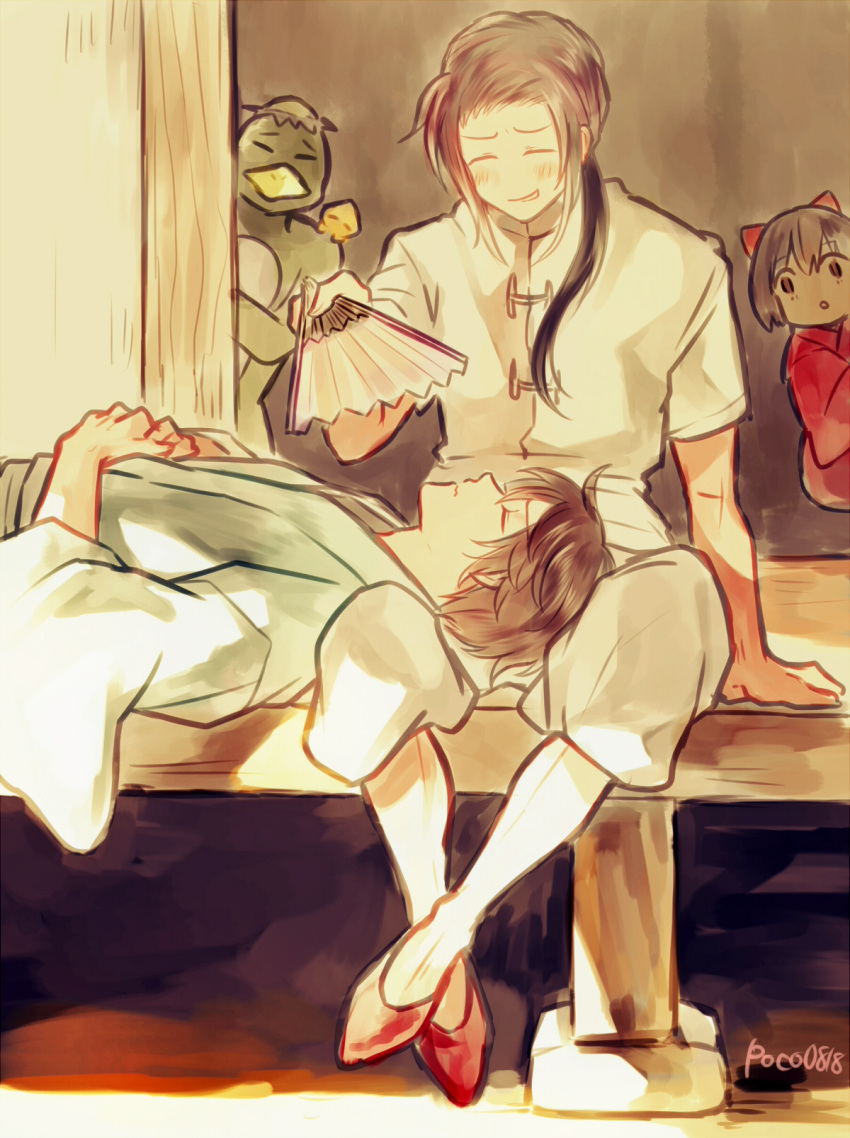 1girl, 2boys, axis_powers_hetalia, baggy_shorts, beak, belt, bird, black_hair