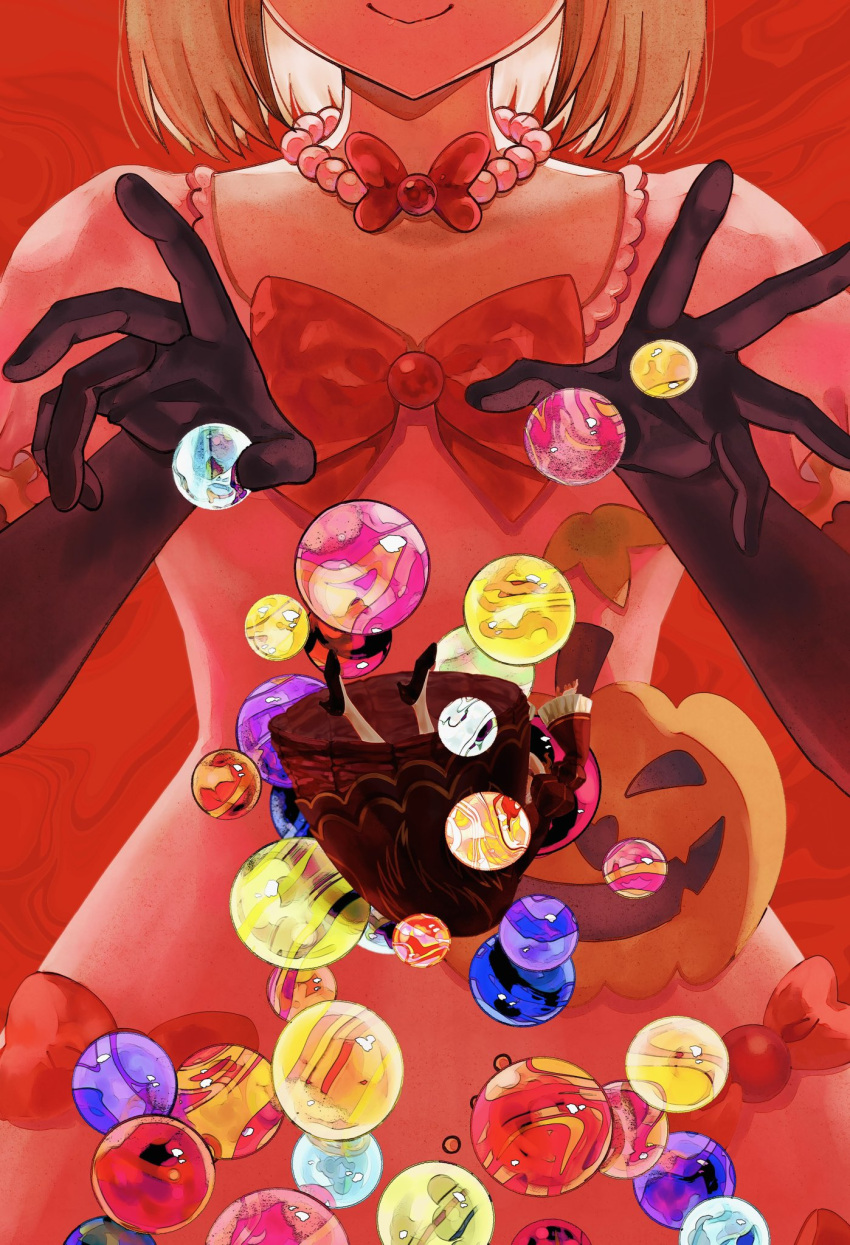 2girls, bead_necklace, beads, beatrice_(umineko), black_gloves, blonde_hair, bow, candy