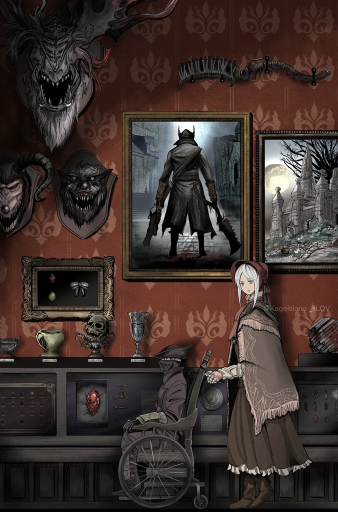 1girl, 1other, artist_name, black_hat, bloodborne, bonnet, brown_capelet, brown_dress, capelet, chalice, commentary_request, cup, doll_joints, dress, english_commentary, hat, holding, holding_weapon, hunter_(bloodborne), in-universe_location, indoors, joints, kageisland_9lov, long_hair, mixed-language_commentary, painting_(object), plain_doll, red_bonnet, rock, safe_(container), saw, saw_cleaver, sidelocks, taxidermy, tricorne, twitter_username, weapon, wheelchair, white_hair