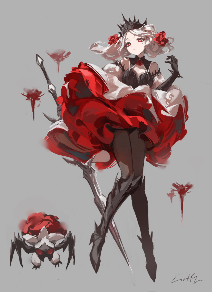 1girl, black_boots, black_crown, black_pantyhose, boots, bug, closed_mouth, commentary, crown, dress, full_body, highres, holding, holding_sword, holding_weapon, lala_barina_(monster_hunter_wilds), layered_dress, long_hair, loong_(loong_blo), mole, mole_under_eye, monster_hunter_(series), monster_hunter_wilds, pantyhose, personification, red_dress, red_eyes, solo, spider, sword, symbol-only_commentary, weapon, white_dress, white_hair