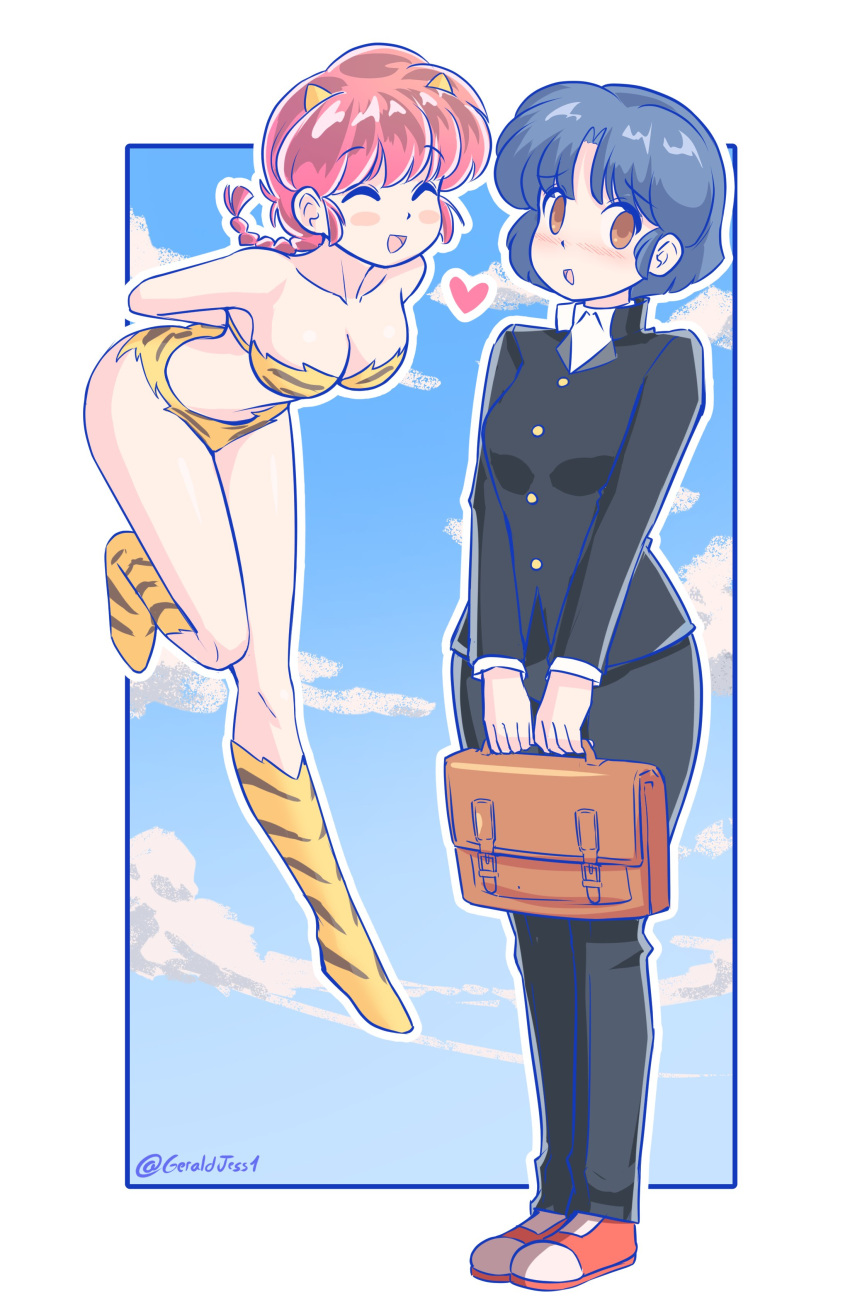 2girls, absurdres, blue_hair, blush_stickers, bra, brown_hair, closed_eyes, clouds