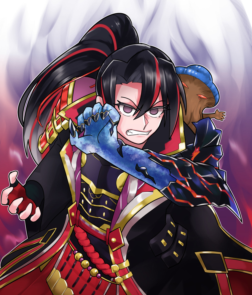 1boy, absurdres, angry, armor, asymmetrical_arms, black_hair, black_robe, clenched_teeth