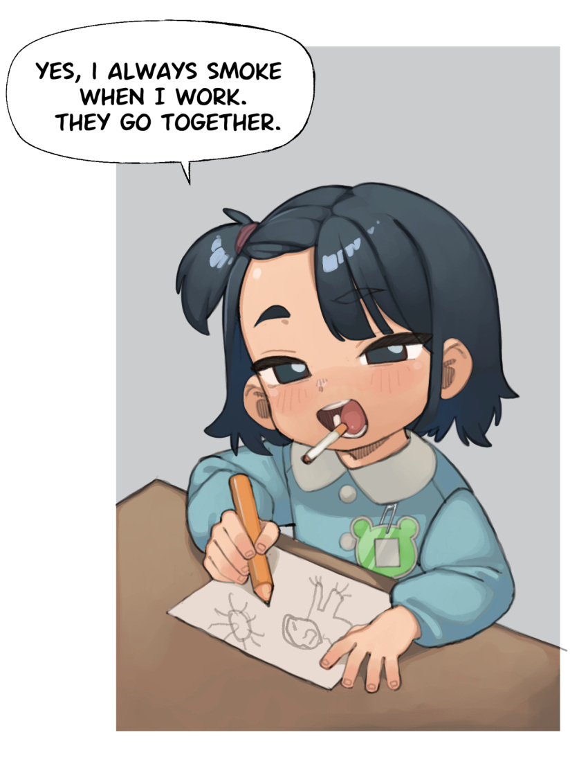 1girl, asymmetrical_bangs, blue_eyes, blue_hair, blue_shirt, border, child, cigarette