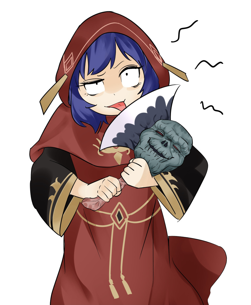 1girl, absurdres, axe, axe_of_despair, black_sleeves, blue_hair, crazy_smile, duel_monster