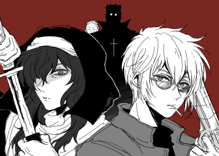2boys, 2girls, alexander_anderson, black_hair, blonde_hair, cigarette, cross, enrico_maxwell