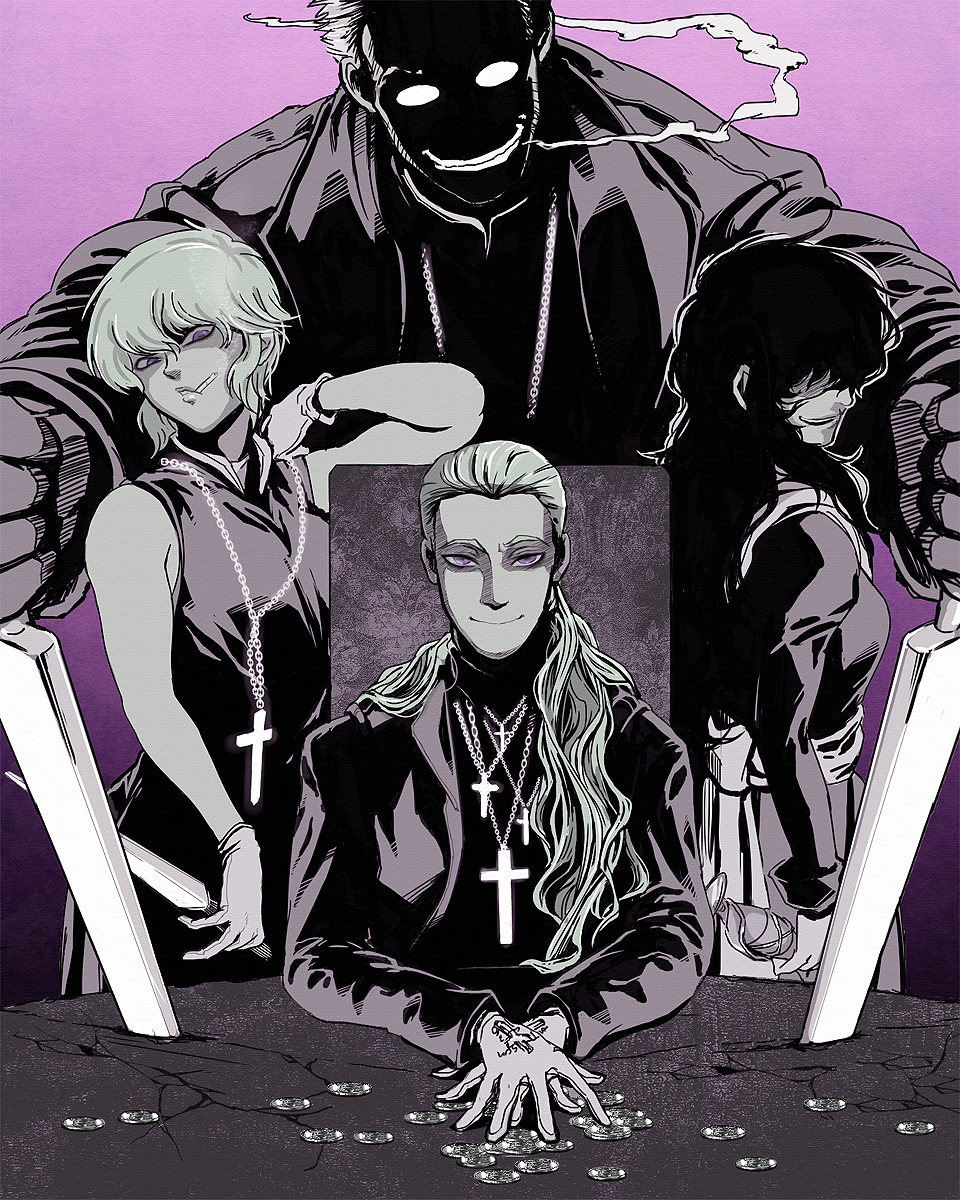 2boys, 2girls, alexander_anderson, black_hair, blonde_hair, christianity, cross, cross_necklace