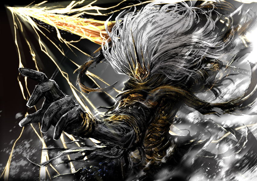 1boy, big_hair, commentary_request, crown, dark_souls_(series), dark_souls_iii, dtcy, electricity, greatsword, holding, holding_sword, holding_weapon, king_of_the_storm, long_hair, male_focus, nameless_king, solo, sword, weapon, white_hair