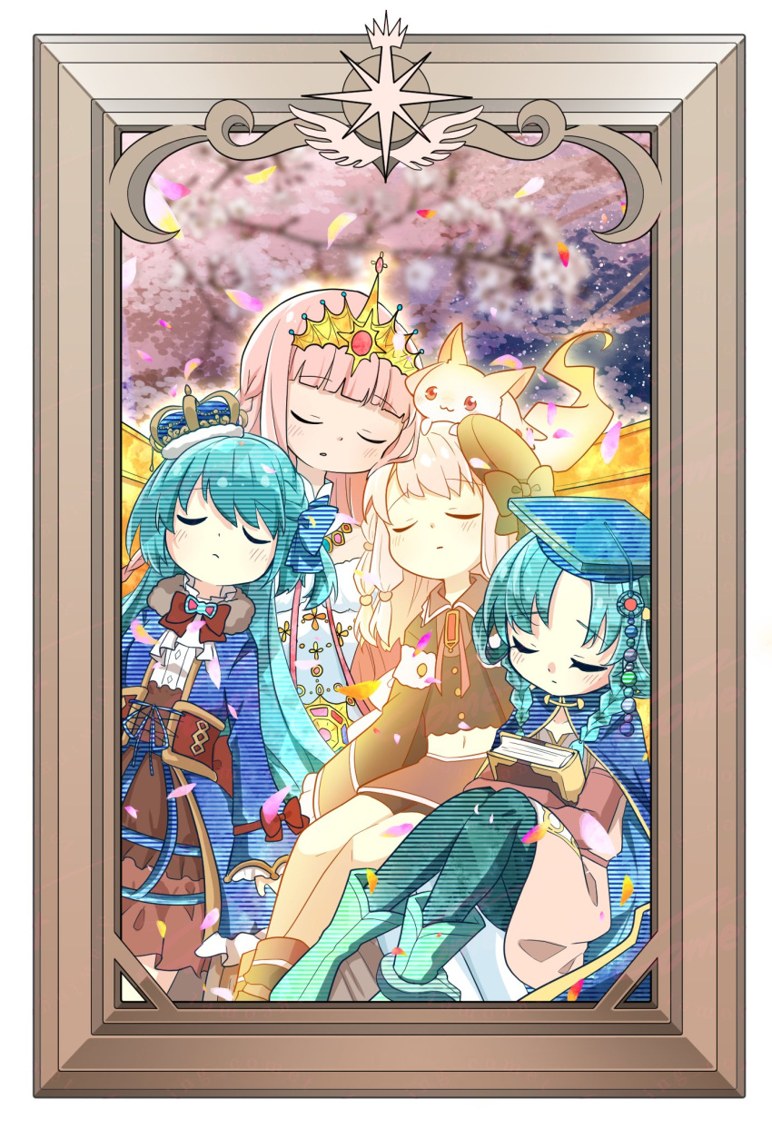 4girls, aqua_hair, book, braid, closed_eyes, closed_mouth, goth_fashion, gothic_lolita