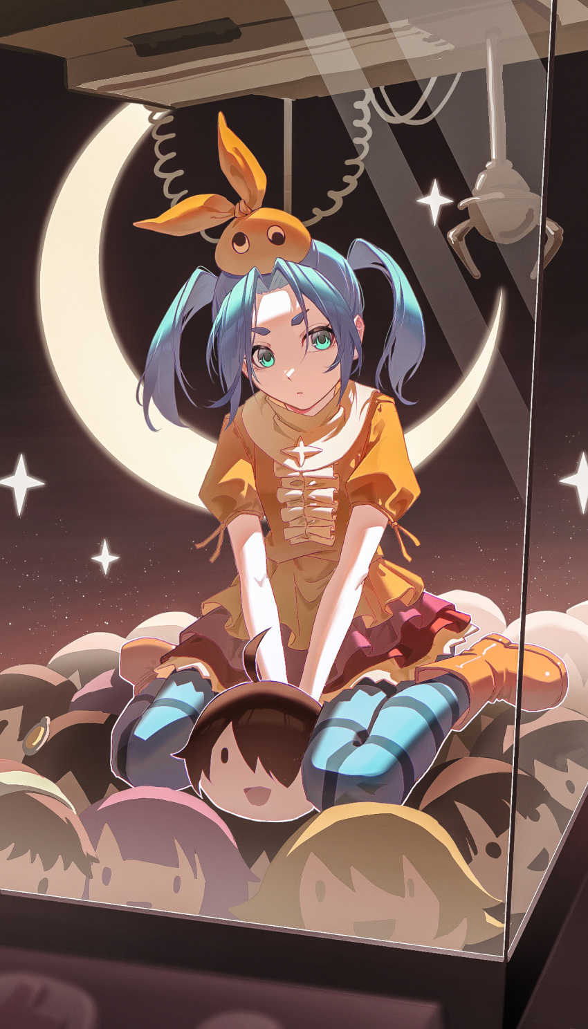 1girl, araragi_karen, araragi_koyomi, blue_hair, blue_pantyhose, boots, character_doll, closed_mouth