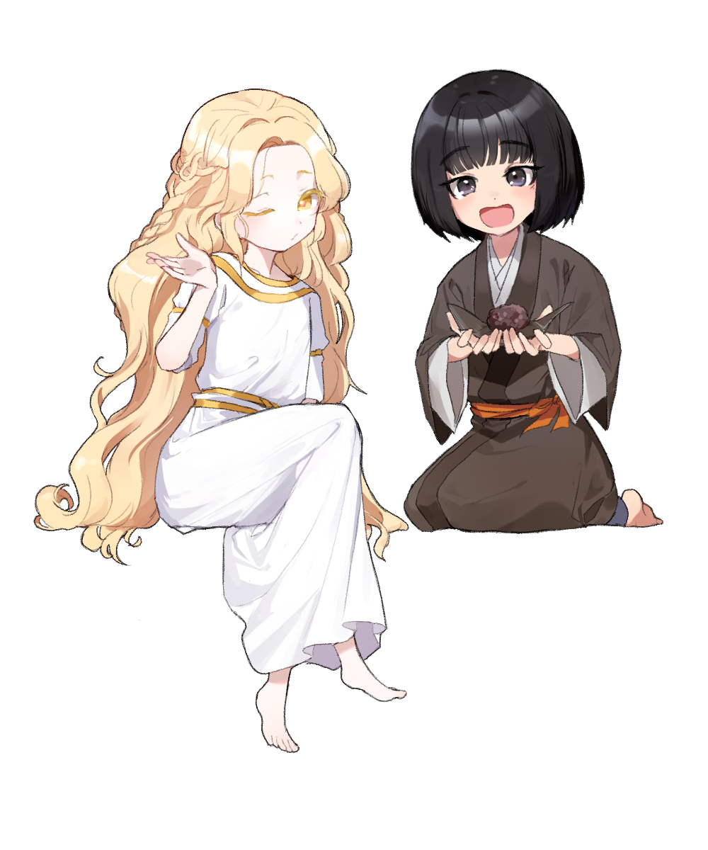 2boys, androgynous, barefoot, black_eyes, black_hair, black_haori, blonde_hair, charles_(gu599)