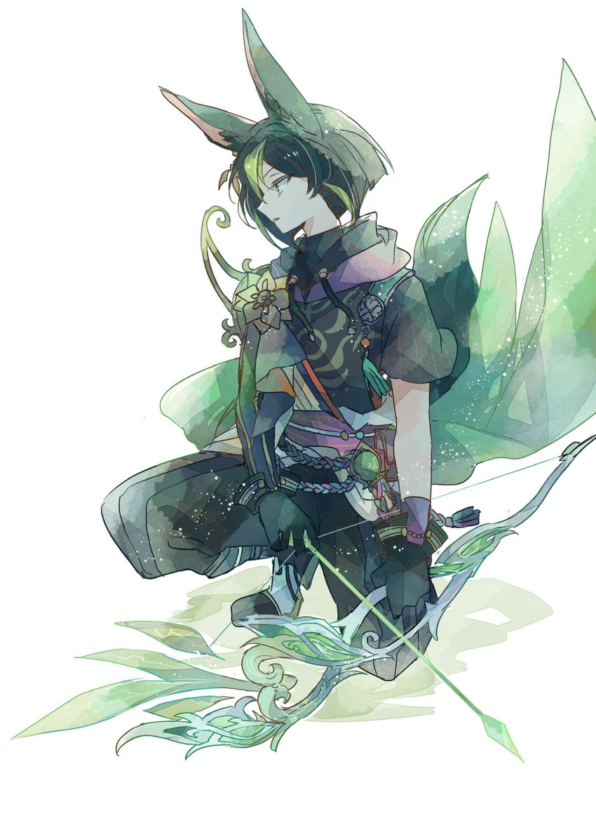 1boy, animal_ear_fluff, animal_ears, arrow_(projectile), asymmetrical_sleeves, black_boots, black_gloves, black_hair, black_pants, black_shirt, blue_pants, blunt_ends, bob_cut, boots, bow_(weapon), cape, capri_pants, commentary_request, drawstring, earrings, flower, fox_boy, fox_ears, fox_tail, genshin_impact, gloves, green_cape, green_eyes, green_hair, hair_between_eyes, highres, holding, holding_bow_(weapon), holding_weapon, hood, hood_down, hoodie, hunter's_path_(genshin_impact), jewelry, long_sleeves, looking_to_the_side, male_focus, multicolored_hair, multicolored_hoodie, multicolored_pants, on_one_knee, ottottouta, pants, parted_lips, pouch, purple_sash, sash, shirt, short_hair, short_sleeves, simple_background, single_earring, solo, streaked_hair, tail, tassel, tighnari_(genshin_impact), turtleneck, uneven_sleeves, vision_(genshin_impact), weapon, white_background, yellow_flower