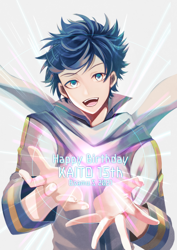 1boy, 2021, 48kaz, :d, anniversary, blue_eyes, blue_hair, blue_scarf